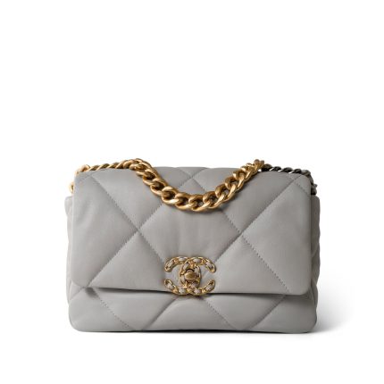 21A Grey Lambskin Quilted 19 Flap Mixed Hardware