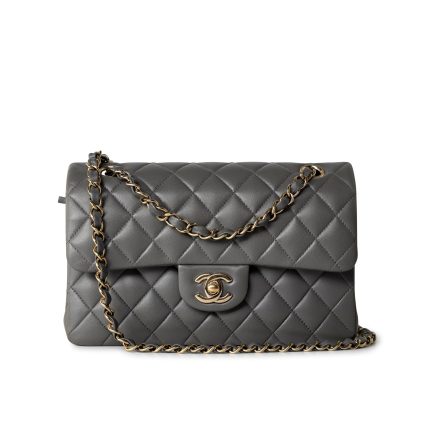 22A Grey Lambskin Quilted Small Classic Flap Light Gold Hardware