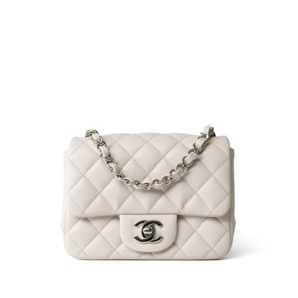 Light Grey Caviar Quilted Mini Square Flap Silver Hardware