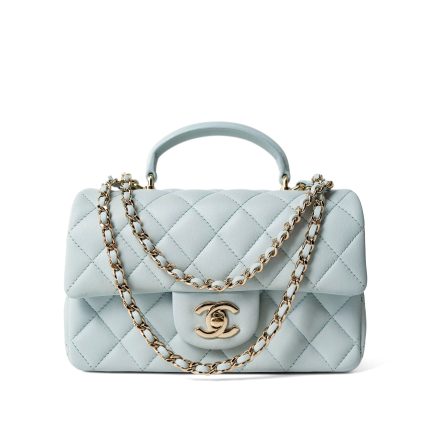 Light Blue Lambskin Quilted Mini Top Handle Light Gold Hardware