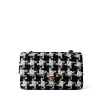 20s Black White Houndstooth Tweed Quilted Classic Flap Medium Light Gold Hardware