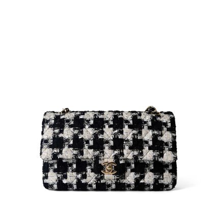 20s Black White Houndstooth Tweed Quilted Classic Flap Medium Light Gold Hardware