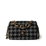 Wool Tweed Quilted Elegant Chain Flap Black Grey