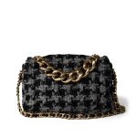 Wool Tweed Quilted Elegant Chain Flap Black Grey - Image 4