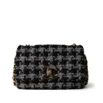 Wool Tweed Quilted Elegant Chain Flap Black Grey - Image 3