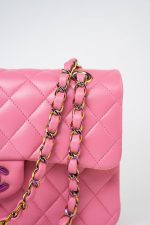 21P Pink Lambskin Quilted Classic Flap Small Yellow Interior / Rainbow Hardware