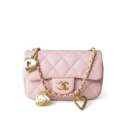 22B Light Pink Lambskin Quilted Mini Heart Charms Flap Antique Gold Hardware