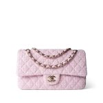 21S Pink Tweed Quilted Classic Flap Medium Light Gold Hardware - Image 12