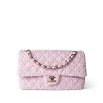 21S Pink Tweed Quilted Classic Flap Medium Light Gold Hardware