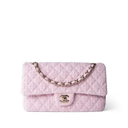 21S Pink Tweed Quilted Classic Flap Medium Light Gold Hardware
