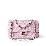 21S Pink Tweed Quilted Classic Flap Medium Light Gold Hardware - Image 17