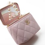 Light Pink Lambskin Quilted Mini Vanity Case With Pearl Chain - Image 4
