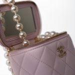 Light Pink Lambskin Quilted Mini Vanity Case With Pearl Chain - Image 11