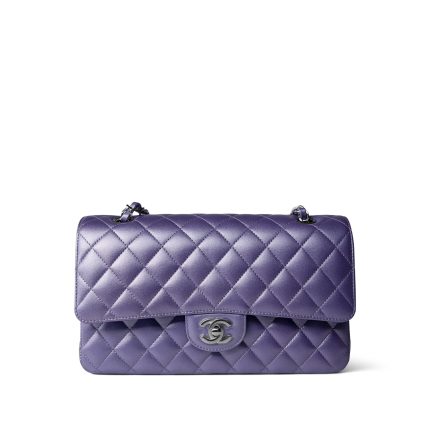 23P Metallic Purple Lambskin Quilted Classic Flap Medium Silver Hardware