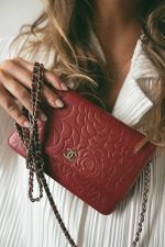 Dark Red Camellia Lambskin Wallet on Chain Silver Hardware - Image 2