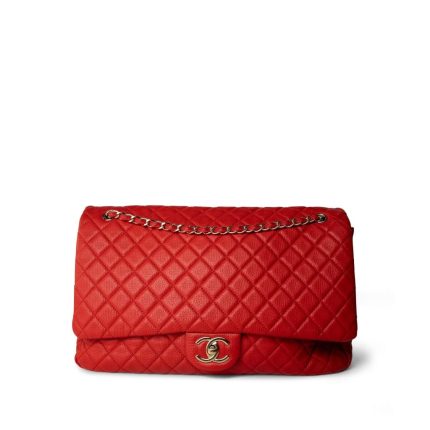 Red Grained Calfskin XXL Travel Flap Bag Light Gold Hardware