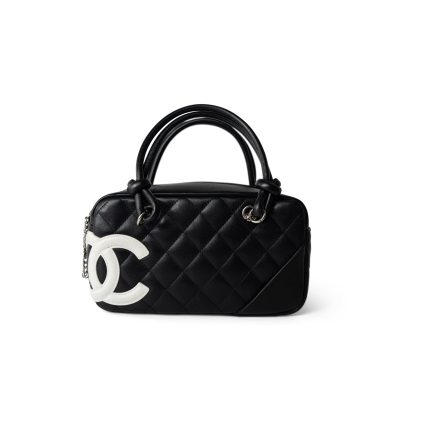 Black Calfskin Quilted Small Cambon Bowler Silver Hardware (Pink Interior)