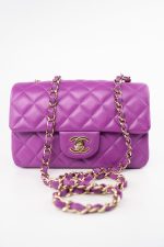 Violet/ Purple Lambskin Quilted Mini Rectangular Single Flap Bag Light Gold Hardware - Image 5