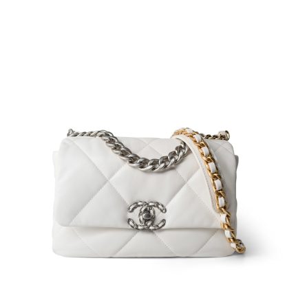 22S White Lambskin Quilted 19 Flap Small Reverse Mixed Hardware