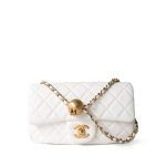 21B White Lambskin Quilted Mini Rectangular Pearl Crush Antique Gold Hardware - Image 2