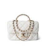 White Lambskin Quilted Crystal Top Handle Flap Light Gold Hardware - Image 10