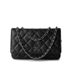 Black Caviar Quilted Wallet on Chain Silver Hardware