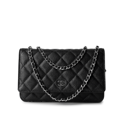 Black Caviar Quilted Wallet on Chain Silver Hardware