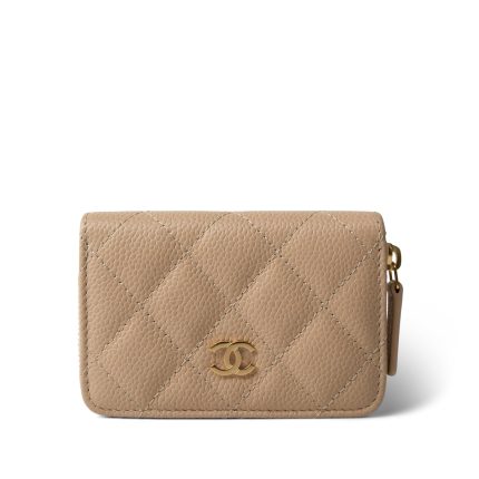 Beige Caviar Quilted Zip Coin Purse