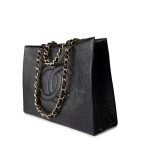 20A Large Black Leather Shopping Tote Antique Gold Hardware - Image 2
