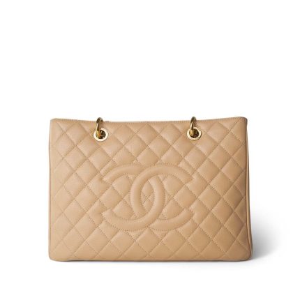 Beige Clair Caviar Quilted Grand Shopper Tote (GST) Gold Hardware