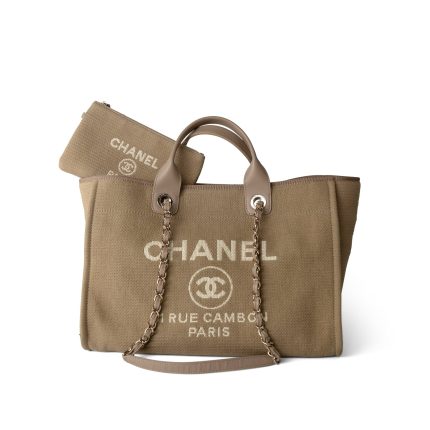 22A Dark Beige Deauville Tote Mixed Fibers and Calfskin Light Gold Hardware