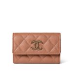 23P Rose Beige Caviar Quilted Flap O Card Holder
