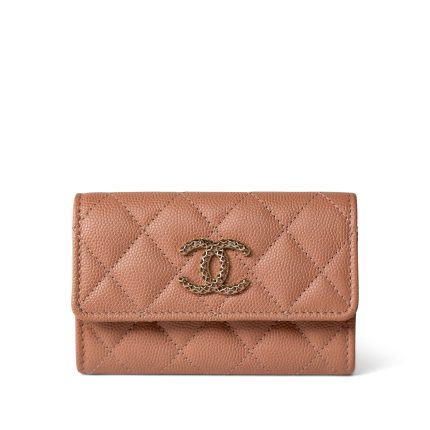 23P Rose Beige Caviar Quilted Flap O Card Holder