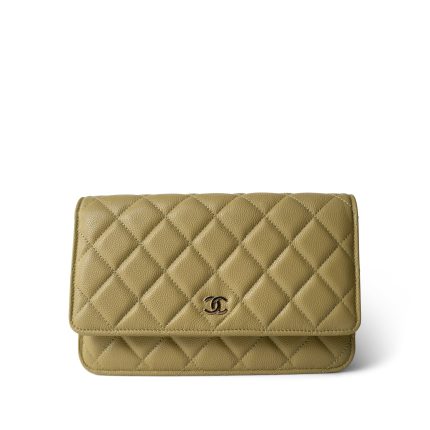 Green Yellow Moss Caviar Quilted Wallet on Chain WOC Light Gold Hardware