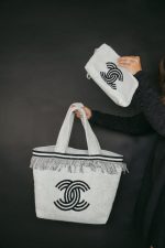 White/Black Terry Cloth Quilted CC Beach Tote with Towel Set - Image 6