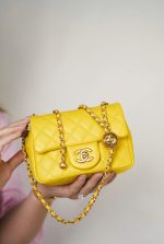 23C Yellow Lambskin Quilted Pearl Crush Mini Square Flap Aged Gold Hardware - Image 10