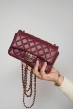 Burgundy Lambskin Quilted Extra Mini Rectangular Flap Light Gold Hardware - Image 10