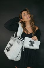 White/Black Terry Cloth Quilted CC Beach Tote with Towel Set - Image 2
