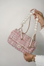 Pink Tweed Quilted Pearl Handle Flap Bag Large LGHW - Image 10