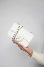 White Patent Camellia Single Flap Bag Silver Hardware - Image 10