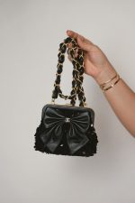24A Black Sequin Tweed Lambskin Bow Clutch With Chain Aged Gold Hardware - Image 10