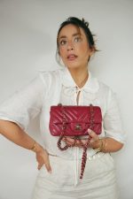 Raspberry Chevron Caviar Quilted Mini Rectangular Flap Light Gold Hardware - Image 6