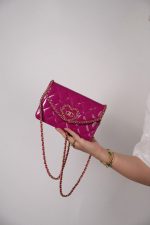 24A Fuchsia Patent Quilted Heart Chain Wallet On Chain WOC Aged Gold Hardware - Image 10