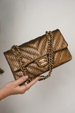 18C Bronze Chevron Calfskin Quilted Classic Flap Medium Aged Gold Hardware - Image 10