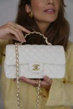 23K White Calfskin Quilted Crystal Top Handle Aged Gold Hardware - Image 6