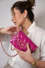 24A Fuchsia Patent Quilted Heart Chain Wallet On Chain WOC Aged Gold Hardware - Image 2