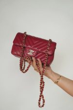 Raspberry Chevron Caviar Quilted Mini Rectangular Flap Light Gold Hardware - Image 10