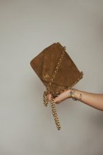 Brown Suede Chevron Quilted Square Single Flap Aged Gold Hardware - Image 10