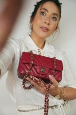 Raspberry Chevron Caviar Quilted Mini Rectangular Flap Light Gold Hardware - Image 2