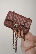Burgundy Lambskin Quilted Mini Rectangular Flap Silver Hardware - Image 10